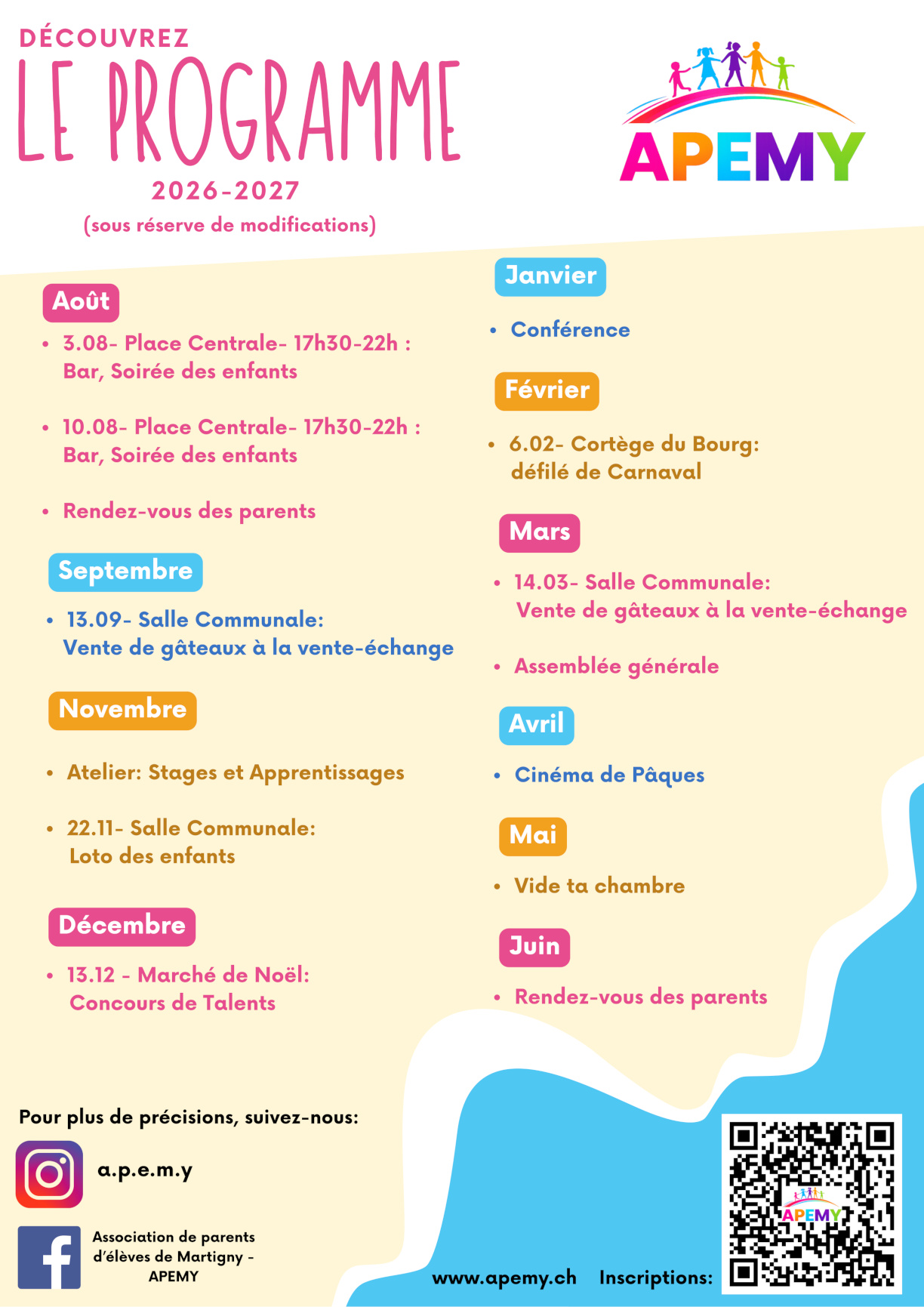 Programme APEMY 2026–2027 — activités et événements pour les parents d'élèves de Martigny